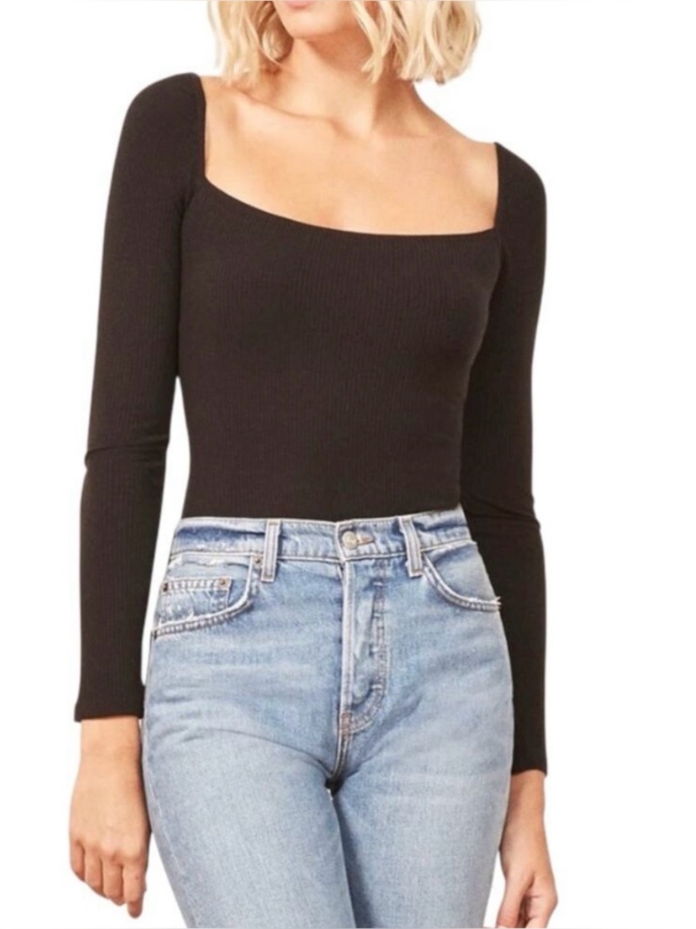 Reformation Jeans Gaia Black ribbed Long-Sleeve Square Neck bodysuit, size 2X